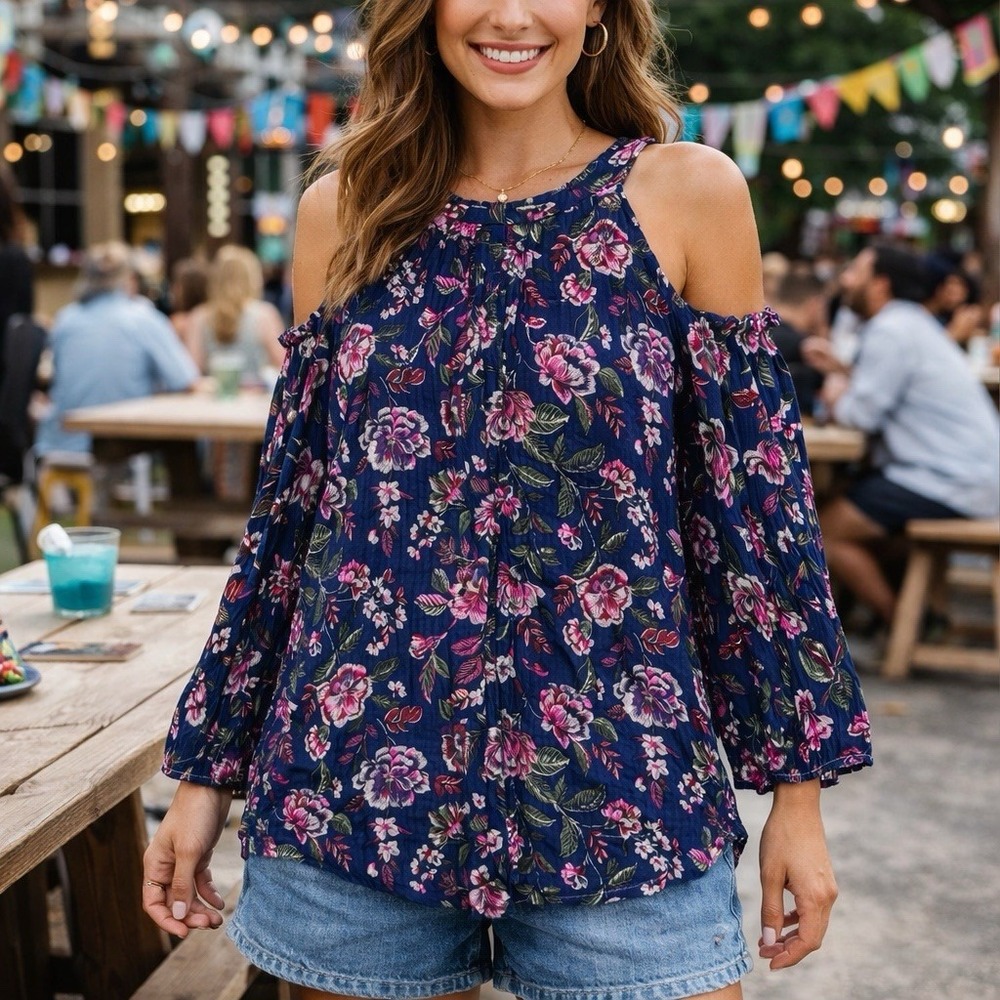 Torrid Floral Cold Shoulder Crinkle Gauze Top Women 3X Blue Boho Blouse NEW